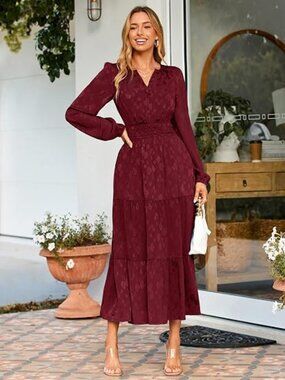 Womens Casual Long Sleeve Dress Fall Elegant Wedding Guest V-Neck Maxi Floral Dr